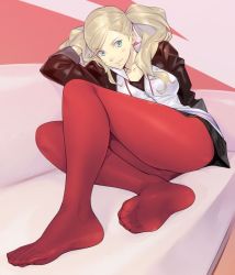 10s 1girl blonde_hair blue_eyes blush breasts bubuzuke couch earrings feet hair_ornament hairclip jewelry long_hair looking_at_viewer no_shoes pantyhose persona persona_5 red_pantyhose skirt smile soles solo takamaki_anne toes twintails rating:Sensitive score:81 user:danbooru