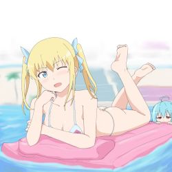  10s 2girls afloat ahoge ass barefoot bikini blonde_hair blue_eyes blue_hair head_rest fang feet floating gakusen_toshi_asterisk gobanme_no_mayoi_neko hair_ornament hair_ribbon highres inflatable_raft jpeg_artifacts legs_up looking_at_another looking_at_viewer lying micro_bikini multiple_girls on_stomach one_eye_closed open_mouth pool red_eyes ribbon sasamiya_saya short_hair solo_focus swimsuit the_pose twintails violet_weinberg water 