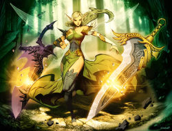  blonde_hair elf fairy feet forest genzoman green_eyes long_hair nature pointy_ears sword weapon wings  rating:Sensitive score:32 user:zapopo