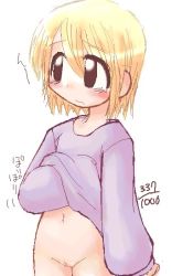 1girl black_eyes blonde_hair blush bottomless cleft_of_venus ikkyuu loli navel no_panties pussy simple_background solo source_request sweater uncensored rating:Explicit score:15 user:Tom23