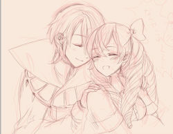  1boy 1girl ^_^ blush bow cape closed_eyes couple fingernails fire_emblem fire_emblem_awakening frills hair_between_eyes hair_bow hands_on_another&#039;s_shoulders happy henry_(fire_emblem) hetero kisano_(otpr) long_hair long_sleeves maribelle_(fire_emblem) nintendo no_nose open_mouth ringlets sketch smile swept_bangs 