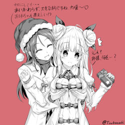  2girls artist_name breasts chinese_commentary christmas_present closed_eyes commentary_request date_a_live double_bun gift grabbing grabbing_another&#039;s_breast hair_bun hat highres hoshimiya_mukuro jacket large_breasts long_hair long_sleeves monochrome multiple_girls open_mouth pink_background santa_hat simple_background smile translation_request tsubasaki twitter_username upper_body 