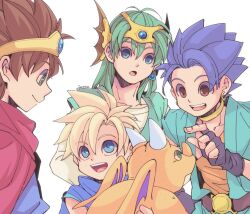  29qmatatavi 4boys belt blonde_hair blue_cape blue_cloak blue_eyes blue_gemstone blue_hair blue_tunic brown_eyes brown_hair cape child circlet cloak collarbone dragon dragon_quest dragon_quest_iii dragon_quest_iv dragon_quest_v dragon_quest_vi earrings fingerless_gloves gem gloves green_hair green_tunic headset hero&#039;s_son_(dq5) hero_(dq3) hero_(dq4) hero_(dq6) jewelry long_sleeves looking_at_another male_focus medium_hair monster multiple_boys neck_ring open_mouth parted_lips red_cape roto_(dq3) shirt short_hair small_fry_(dragon_quest) smile spiked_hair teeth upper_body upper_teeth_only white_background white_shirt 
