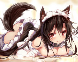 1girl alternate_costume animal_ears ass bare_shoulders blush breasts brown_hair chain chain_leash cleavage collar commentary_request cup detached_collar drinking_glass efe enmaided gloves imaizumi_kagerou leash long_hair looking_at_viewer lying maid maid_headdress on_floor red_eyes revision solo tail tears touhou very_long_hair viewer_holding_leash white_gloves wolf_ears wolf_tail rating:Sensitive score:43 user:danbooru
