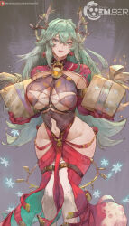 1girl antlers box breasts christmas clothing_cutout commentary crossed_bangs cutesexyrobutts english_commentary gift gift_box green_eyes green_hair hair_between_eyes halo highres holding holding_gift horns large_breasts long_hair looking_at_viewer navel navel_cutout open_mouth original patreon_username snowflakes solo standing teeth thighs upper_teeth_only rating:Sensitive score:90 user:danbooru