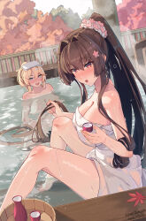  2girls alcohol barefoot bath bathing blonde_hair blue_eyes blush breasts brown_eyes brown_hair choko_(cup) cleavage collarbone commentary_request cup drunk feet flower foot_out_of_frame hair_between_eyes hair_flower hair_ornament highres himeyamato iowa_(kancolle) kantai_collection knees_up large_breasts legs long_hair looking_at_viewer multiple_girls naked_towel nude onsen open_mouth outdoors partially_submerged ponytail revision sake same-sex_bathing shared_bathing sitting smile squeans star-shaped_pupils star_(symbol) steam symbol-shaped_pupils toes tokkuri towel towel_on_head tree very_long_hair water wet yamato_(kancolle) 