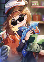  1girl abbey_road absurdres black_headwear blue_bow blurry blurry_background blurry_foreground bow brown_eyes brown_hair commentary highres jacket light_particles long_hair long_sleeves looking_over_eyewear microphone miyano_haruto multicolored_clothes multicolored_headwear open_mouth orange_jacket regulus_(reverse:1999) reverse:1999 smile solo sunglasses teeth upper_teeth_only watch white_headwear wristwatch 