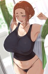  1girl absurdres arm_up armpits black_panties black_tank_top blurry blurry_background blush breasts brown_hair collarbone commentary covered_erect_nipples curtains day forehead half-closed_eye hand_up highres huge_breasts kaii_to_otome_to_kamigakushi looking_ahead micchan_(micchanmeido) navel no_pants ogawa_sumireko one_eye_closed open_clothes open_mouth panties solo steaming_body sweat tank_top thick_eyebrows thighs underwear 