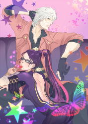 1boy 1girl ass bad_id bad_pixiv_id bayonetta bayonetta_(series) bayonetta_1 black_hair blue_eyes boido bug butterfly candy capcom creator_connection crossover dante_(devil_may_cry) devil_may_cry_(series) food glasses gloves insect lollipop long_hair mole mole_under_mouth star_(symbol) white_hair rating:Sensitive score:14 user:danbooru