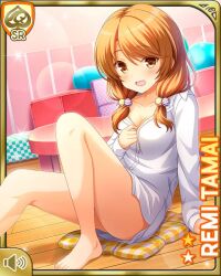  1girl bare_legs barefoot bedroom bottomless brown_eyes brown_hair card_(medium) day dress_shirt girlfriend_(kari) indoors looking_at_viewer low_twintails official_art on_bed open_mouth qp:flapper shirt sitting solo surprised tagme tamai_remi twintails white_shirt 