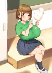  1girl :3 absurdres blush breasts brown_hair cotton_candy dot_nose female_focus food green_shirt highres holding holding_food holding_phone huge_breasts indoors looking_at_viewer matching_hair/eyes mimiru6969 oppai_loli original phone shirt short_hair sitting smile solo white_footwear  rating:Sensitive score:47 user:Orphan_crippler
