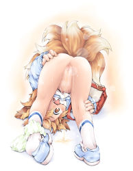 1girl aged_down animal_ears anus ass backpack bag bent_over blonde_hair blush bottomless censored fang fox_ears fox_tail green_panties ham_(points) hand_on_own_ass kneepits loli looking_at_viewer multiple_tails open_mouth panties panties_around_leg pee peeing pussy randoseru revision shoes short_hair socks solo tail top-down_bottom-up touhou underwear upside-down white_socks yakumo_ran yellow_eyes rating:Explicit score:155 user:danbooru