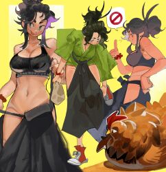 1girl :p absurdres adjusting_footwear animal bag bird black_bra black_hair black_hakama blue_eyes bra breasts chicken cleavage closed_mouth commentary female_pubic_hair green_kimono groin hair_pulled_back hakama hakama_pull hand_on_own_hip hand_up highres hip_vent holding holding_bag index_finger_raised japanese_clothes kimono knights_of_the_wandering_castle lady_kitakaze_no_shodan large_breasts long_sleeves looking_at_viewer looking_down luny multicolored_hair multiple_views navel no_shirt no_symbol open_clothes ponytail profile pubic_hair red_footwear road_sign rope scrunchie shodan_(luny_doobles) shoes short_kimono sideways_glance sign sketch smile smug sneakers speech_bubble spoken_no_symbol standing standing_on_one_leg stop_sign streaked_hair tongue tongue_out underwear wrist_scrunchie yellow_background