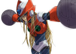  1boy android bad_id bad_pixiv_id blonde_hair capcom exhausted helmet highres injury koto_(cot02) kotoyama leaning_forward light long_hair male_focus mega_man_(series) mega_man_x_(series) open_mouth outstretched_arms simple_background solo spread_arms very_long_hair zero_(mega_man)  rating:Sensitive score:9 user:danbooru