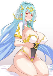  1girl amulet aqua_hair bare_legs barefoot blue_hair blunt_bangs breasts covered_navel embarrassed epic_seven furrowed_brow gold gold_trim gradient_hair groin large_breasts legs_together light_blush long_hair looking_ahead multicolored_hair on_bed parted_lips red_eyes rein_(rafael_3682) revealing_clothes roana_(epic_seven) seiza short_sleeves sidelocks sitting skindentation solo tiara twintails very_long_hair wide_hips 