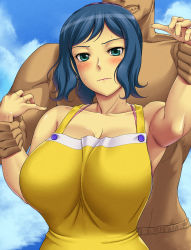 10s 1girl ameoto apron blue_hair breasts green_eyes gundam gundam_build_fighters highres huge_breasts iori_rinko mature_female restrained rating:Questionable score:27 user:Marcerner