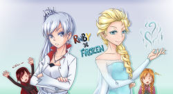 4girls ang_quan anna_(frozen) aqua_background aqua_dress bad_id bad_pixiv_id bare_shoulders blonde_hair blue_eyes braid cape character_name copyright_name corset crossover dress earrings elsa_(frozen) english_text frozen_(disney) gradient_background high_collar jewelry long_hair multiple_girls necklace pendant ponytail power_connection red_hair ruby_rose rwby scar short_hair siblings side_ponytail single_braid sisters smile tiara trait_connection twin_braids weiss_schnee white_hair rating:Sensitive score:16 user:danbooru