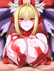  1girl blonde_hair breasts covered_erect_nipples demon_girl fate/grand_order fate_(series) highres juno_(pixiv32541104) large_breasts mother_harlot nero_claudius_(fate) nero_claudius_(fate)_(all) nipples paizuri pale_skin pubic_hair queen_draco_(fate) red_eyes sharp_teeth teeth  rating:Explicit score:95 user:narutarublackshooter
