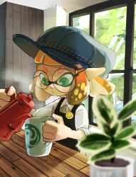  1girl apron black_apron blue_hat blurry blurry_foreground cabbie_hat closed_mouth cup glasses green_eyes hat highres holding holding_cup holding_kettle inkling inkling_girl inkling_player_character kettle koike3582 mug nintendo orange_hair plant pointy_ears potted_plant pouring round_eyewear short_hair solo splatoon_(series) steam tentacle_hair 
