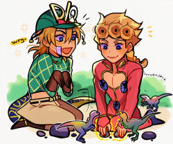  2boys absurdres artist_name blonde_hair blue_eyes boots bow braid braided_ponytail brown_gloves cleavage_cutout clothing_cutout commentary cowboy_boots cracked_skin diego_brando dinosaur dinosaur_tail earrings english_commentary giorno_giovanna gloves green_sweater hat hat_bow helmet highres huyandere jewelry jojo_no_kimyou_na_bouken long_hair male_focus motion_lines multiple_boys scary_monsters_(stand) seiza signature single_braid sitting steel_ball_run stud_earrings sweater tail vento_aureo wariza 