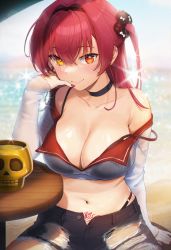  1girl absurdres bare_shoulders black_bra black_choker black_panties black_shorts blurry blurry_background bra bra_strap breasts choker cleavage closed_mouth collarbone crop_top cutoffs denim denim_shorts elbow_rest hand_up heterochromia highres hololive houshou_marine large_breasts long_sleeves looking_at_viewer nail_polish navel noixen off_shoulder panties red_eyes red_hair red_nails shorts skull sleeves_past_wrists smile solo sparkle stomach strap_slip table tattoo torn_clothes torn_shorts two_side_up underwear virtual_youtuber yellow_eyes  rating:Sensitive score:26 user:danbooru