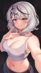  1girl absurdres aoi_zerii bare_shoulders black_hair blush breasts cleavage closed_mouth collarbone grey_hair hair_ornament highres hololive large_breasts looking_at_viewer medium_hair multicolored_hair navel red_eyes sakamata_chloe smile solo streaked_hair virtual_youtuber x_hair_ornament  rating:Sensitive score:15 user:danbooru