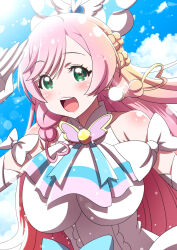  1girl :d ai_wa_muteki arm_up ascot blue_sky bow braid breasts brooch cloud cloudy_sky commentary_request cure_prism day dress earrings elbow_gloves gloves green_eyes hair_bow highres hirogaru_sky!_precure jewelry large_breasts long_hair looking_at_viewer magical_girl nijigaoka_mashiro open_mouth outdoors partial_commentary pink_hair precure side_braids sky smile solo sunlight twin_braids upper_body white_ascot white_bow white_dress white_gloves wind 