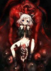  1girl animal_ears bare_legs bare_shoulders blue_eyes blush boots bottomless breasts capelet censored cum cum_in_pussy drooling empty_eyes hetero highres hitomaru loli looking_at_viewer monster monster_sex mosaic_censoring navel open_mouth original pussy saliva short_hair silver_hair small_breasts solo_focus spread_legs tail tears tentacle_sex tentacles tiger_ears tiger_tail vaginal  rating:Explicit score:120 user:danbooru