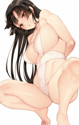 1girl arms_behind_back barefoot black_hair breasts brown_eyes cameltoe clothing_request covered_erect_nipples large_breasts long_hair original parted_lips saburou_(hgmg) simple_background solo spread_legs squatting strap_gap tiptoes white_background rating:Questionable score:23 user:danbooru
