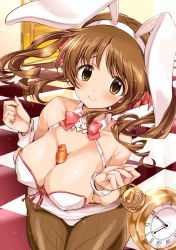 10s 1girl animal_ears bare_shoulders between_breasts blush breasts brown_hair rabbit_ears cleavage curvy drill_hair covered_erect_nipples female_focus highres idolmaster idolmaster_cinderella_girls large_breasts long_hair looking_at_viewer pantyhose smile solo thick_thighs thighs totoki_airi wide_hips yellow_eyes  rating:Questionable score:15 user:randomuser52