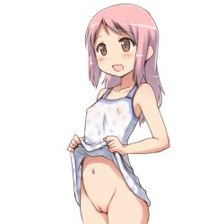  1girl aaaa_(quad-a) bad_id bad_pixiv_id blush bottomless brown_eyes brown_hair cleft_of_venus clothes_lift collarbone covered_erect_nipples dress dress_lift female_focus flashing flat_chest groin highres loli long_hair navel no_panties open_mouth original pink_hair presenting pussy simple_background sleeveless smile solo standing uncensored white_background  rating:Explicit score:297 user:danbooru