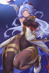  1girl ahoge arm_up armpits bell black_leotard blue_hair blush bodystocking bodysuit bow_(weapon) breasts brown_pantyhose covered_navel detached_sleeves from_below ganyu_(genshin_impact) genshin_impact gold_trim groin high_heels highres holding holding_bow_(weapon) holding_weapon horns legs_together leotard leotard_under_clothes long_hair medium_breasts neck_bell night orb pantyhose parted_lips purple_eyes raemn_(raemn2d) red_rope rope sidelocks smile solo thighlet thighs weapon white_sleeves 