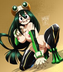  1girl absurdres asui_tsuyu bare_shoulders black_eyes black_thighhighs blush boku_no_hero_academia breasts brown_background danmakuman detached_sleeves full_body gloves goggles goggles_on_head green_hair highres kneeling large_breasts long_hair nipples nude open_mouth pussy simple_background solo spread_legs surprised teeth thighhighs uncensored 
