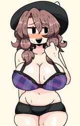1girl belly bike_shorts black_eyes black_hat black_shorts blush bow bra breasts brown_hair cleavage glasses hat hat_bow large_breasts low_twintails navel nose_blush notnoe_(dxcl) open_mouth plaid plaid_bra purple_bra short_hair shorts stomach sweat touhou twintails underwear urban_legend_in_limbo usami_sumireko white_bow