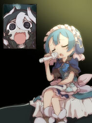  1boy 1girl blue_hair child closed_eyes crossed_legs derivative_work fan_screaming_at_madison_beer_(meme) frilled_hairband frills hairband highres made_in_abyss maid maid_headdress male_focus maruruk meme music open_mouth ozen screenshot_redraw singing trap whistle whistle_around_neck ximu_shilang 