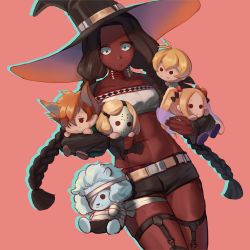 1girl abigail_williams_(fate) billy_the_kid_(fate) black_hat black_legwear black_shorts blue_eyes braid breasts character_doll character_request collarbone dark_skin dilaih doll fate/grand_order fate_(series) geronimo_(fate) halloween hat holding holding_doll lobo_(fate) long_hair looking_at_viewer navel pink_background robin_hood_(fate) short_shorts shorts small_breasts standing thomas_edison_(fate) twin_braids twintails very_long_hair witch_hat