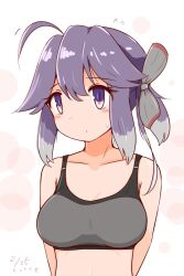  1girl ahoge arms_behind_back breasts collarbone curse_(023) gradient_hair grey_hair grey_sports_bra hair_ribbon hayanami_(kancolle) highres kantai_collection medium_breasts multicolored_hair purple_eyes ribbon short_hair simple_background solo sports_bra upper_body white_background 