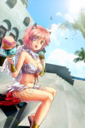  1girl ahoge animal_ears bangle bird blue_eyes bra bracelet bracer breasts brick_floor brown_footwear building cat_ears cleavage cloud commentary_request day door eyes_visible_through_hair feather_trim feathered_wings feathers food full_body hair_between_eyes heart heterochromia holding holding_food ice_cream ice_cream_cone jewelry looking_to_the_side medium_breasts micoto midriff navel ocean outdoors palm_tree panties pink_hair ragnarok_online red_eyes red_ribbon ribbon ribbon_bra sandals shin_guards short_hair sitting sky solo stairs stone_floor stone_stairs tongue tongue_out tree underwear wanderer_(ragnarok_online) white_bra white_panties wings 