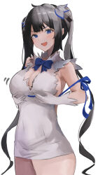  1girl :d absurdres bare_shoulders black_hair blue_bow blue_bowtie blue_eyes blue_ribbon blush bow bowtie breast_lift breasts cleavage cleavage_cutout clothing_cutout commentary cowboy_shot dress dungeon_ni_deai_wo_motomeru_no_wa_machigatteiru_darou_ka elbow_gloves gloves hair_ribbon hands_up hestia_(danmachi) highres i_hinoe large_breasts long_hair looking_at_viewer motion_lines open_mouth pencil_dress rei_no_himo ribbon sidelocks sleeveless sleeveless_dress smile solo twintails very_long_hair white_dress white_gloves 