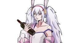  1girl absurdres animal_ears araki_hirohiko_(style) azur_lane bottle camisole closed_mouth collarbone fake_animal_ears grey_hair hair_between_eyes hairband hand_up highres holding holding_bottle jacket jojo_no_kimyou_na_bouken laffey_(azur_lane) long_hair off_shoulder open_clothes open_jacket pink_jacket rabbit_ears red_eyes red_hairband rock_zinc simple_background solo strap_slip thick_eyebrows twintails upper_body v-shaped_eyebrows very_long_hair white_background white_camisole 