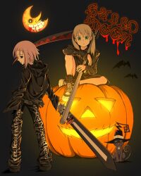  1other 2girls black_hoodie black_jacket black_pants blair_(soul_eater) blonde_hair cat clothes_writing crescent_moon crona_(soul_eater) english_text green_eyes grey_eyes halloween happy_halloween hat highres holding holding_scythe holding_sword holding_weapon hood hoodie jack-o&#039;-lantern jacket keeeey looking_at_viewer maka_albarn moon moon_with_face multiple_girls night night_sky pants scythe sitting sitting_on_object sky soul_eater sword twintails weapon witch_hat 