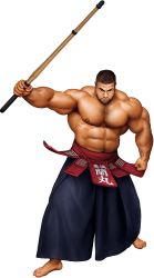  1boy abs alternate_costume arm_hair armpit_hair armpits bara beard biceps brown_hair chest_hair clenched_hands facial_hair gyee hairy hakama highres japanese_clothes jiraiya large_pectorals looking_at_viewer male_focus manly mature_male muscular muscular_male navel navel_hair nipples official_art pectorals ranmaru_(gyee) short_hair solo sword thick_arms thick_eyebrows topless_male transparent_background weapon wooden_sword 