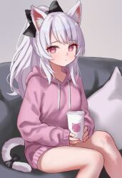  1girl animal_ear_fluff animal_ears bare_legs black_bow bow cat_ears cat_girl cat_tail closed_mouth couch cup expressionless eyelashes fanteam feet_out_of_frame hair_bow holding holding_cup hood hood_down hooded_sweater hoodie long_hair long_sleeves looking_at_viewer on_couch original pillow pink_eyes pink_hoodie pink_sweater ponytail sitting sleeves_past_wrists solo sweater tail tail_bow tail_ornament white_hair 