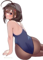  1girl ahoge ass back blue_eyes blue_one-piece_swimsuit blush braid brown_hair competition_school_swimsuit hair_flaps hair_ornament kantai_collection kozu_(bloomme1_me) long_hair looking_at_viewer looking_back one-piece_swimsuit pantyhose pantyhose_under_swimsuit school_swimsuit shigure_(kancolle) shigure_kai_ni_(kancolle) single_braid solo swimsuit 