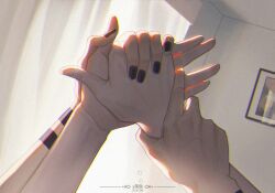  2021 2boys arm_tattoo black_nails commentary_request couple curtains dated dog_shadow_puppet fingernails fushiguro_megumi hand_focus hand_on_another&#039;s_hand holding_another&#039;s_wrist indoors jujutsu_kaisen male_focus multiple_boys nail_polish own_hands_together picture_frame ryoumen_sukuna_(jujutsu_kaisen) tattoo y06407694 yaoi 