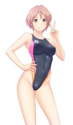 1girl arena_(company) blush breasts brown_eyes brown_hair competition_swimsuit covered_erect_nipples female_focus grin hand_on_own_hip highleg highleg_swimsuit hip_focus kuri_(kurigohan) navel one-piece_swimsuit pink_eyes pink_hair shiny_clothes short_hair simple_background skin_tight smile solo swimsuit v white_background rating:Sensitive score:30 user:danbooru