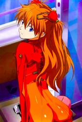 1girl absurdres ass blonde_hair blue_eyes butt_crack cellphone elevator highres interface_headset looking_back neon_genesis_evangelion non-web_source phone plugsuit rebuild_of_evangelion solo souryuu_asuka_langley tag test_plugsuit 