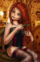 00s 1girl 2008 amy_sorel brush corset earrings jewelry lace lace-trimmed_legwear lace_trim long_hair makeup red_hair sitting solo soul_calibur thighhighs rating:Sensitive score:9 user:Dandy8