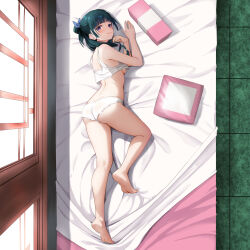  1girl absurdres ass back bare_legs barefoot bed bed_sheet blunt_bangs blush bra breasts closed_mouth commentary_request commission feet female_focus floor freckles from_above full_body gibun_(sozoshu) green_hair highres indoors kusuriya_no_hitorigoto long_hair looking_back lying maomao_(kusuriya_no_hitorigoto) medium_breasts on_bed on_stomach panties pillow pixiv_commission purple_eyes shoulder_blades sideboob smile solo stone_floor thighs toes underwear underwear_only white_bra white_panties window  rating:Sensitive score:186 user:danbooru