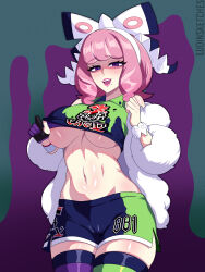  1girl :d artist_name blush bow breasts clothes_lift coat cowboy_shot creatures_(company) crop_top fur_coat game_freak gloves green_background hair_bow hairband highres jersey klara_(pokemon) large_breasts lifted_by_self looking_at_viewer ludinsketches medium_hair midriff mole mole_under_mouth navel nintendo number_print off_shoulder open_mouth partially_fingerless_gloves pink_hair pink_lips pokemon pokemon_swsh purple_background purple_eyes shirt_lift short_shorts shorts single_glove smile solo stomach thighhighs two-tone_background two-tone_shirt two-tone_shorts underboob white_bow white_hairband 